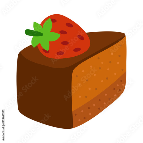 Slice of chocolate cake with strawberry on top in flat style. Sweet layered dessert isolated on white background. Perfect vector image for bakery design, menu, or logo elements.