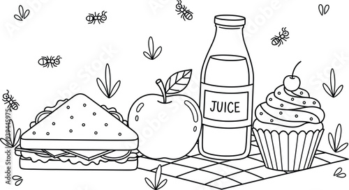 Colouring page of a picnic scene with sandwich apple juice and cupcake