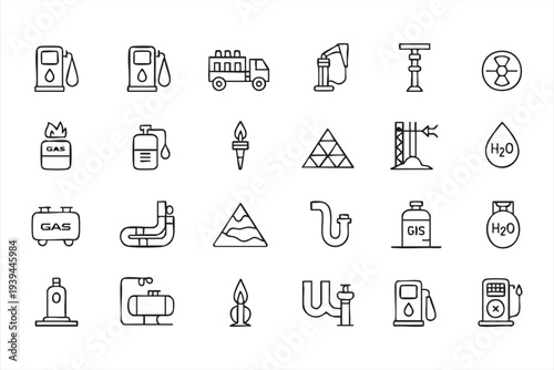 Energy Infrastructure Line Icon Set Featuring Gas Pump Tanker Pipeline and Flame