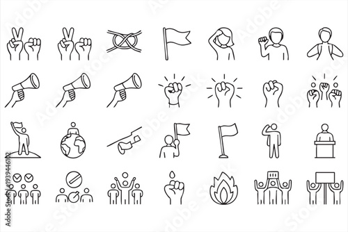 Political Protest And Social Activism Line Icons With Rally Crowd Banners And Advocacy Symbols Minimal Vector Set