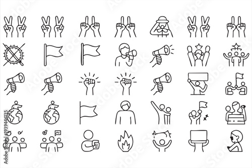 Protest And Activism Outline Icon Set Featuring Demonstration Crowd Raised Fists And Megaphone Symbols For Civil Rights Movement Concepts