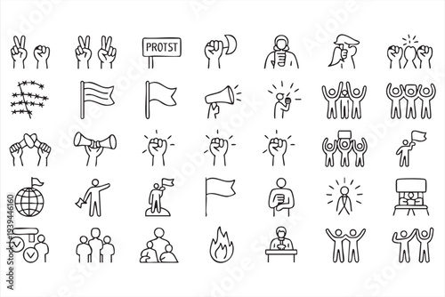 Activism And Protest Movement Icons Featuring Demonstration Crowd Rally Symbols Minimal Line Style Vector