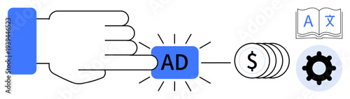 Digital advertising concept. Digital advertising boosting revenue through pay-per-click mechanisms and workflow tools. Digital advertising streamlining ad efficiency. Marketing, conversion, online