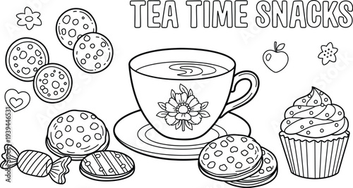 Tea time snacks colouring page for kids with cupcakes and cookies