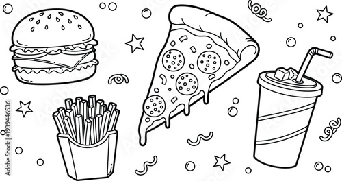 Fun food colouring page for kids hamburger pizza fries and drink