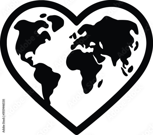 A heart-shaped outline enclosing a world map, symbolizing global love and unity