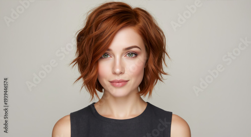Portrait of a woman with short wavy red hair. Female model with ginger bob hairstyle on grey background
