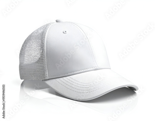 White mesh back baseball cap on a white background
