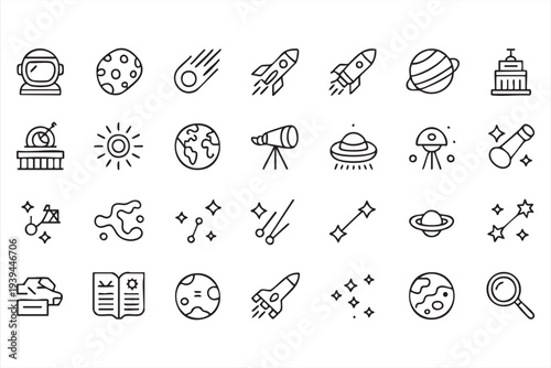 Universe Exploration Line Icons With Rocket Satellite Galaxy Stars And Astronomy Symbols