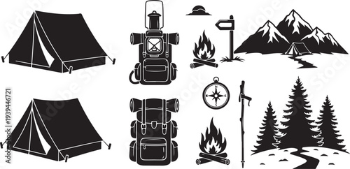 Camping icons and travel illustrations in black and white