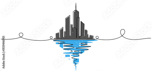 City skyline reflecting into stylized water spiral on white. no editable stroke