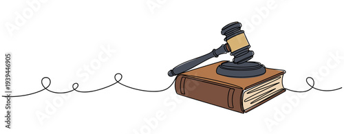 Gavel resting on law book on continuous line surface. no editable stroke