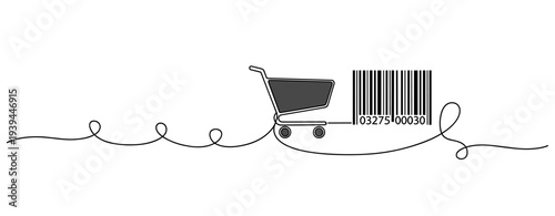 Shopping cart beside barcode on continuous line background. no editable stroke