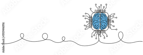 Ai brain chip illustrated connected on white continuous line background. no editable stroke