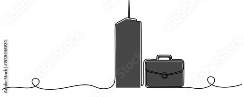 Skyscraper and briefcase placed beside line on white background. no editable stroke