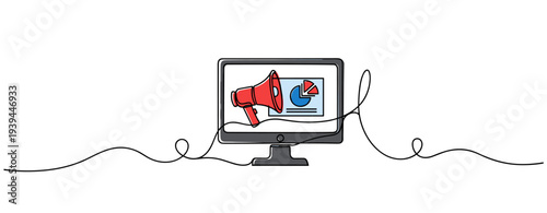 Desktop monitor displaying megaphone and pie chart on plain white background. no editable stroke