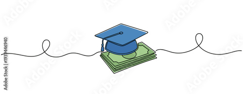 Graduation cap resting on stack of money on white background. no editable stroke
