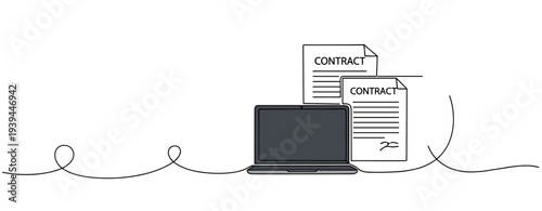 Laptop with contracts displayed on continuous line backdrop. no editable stroke