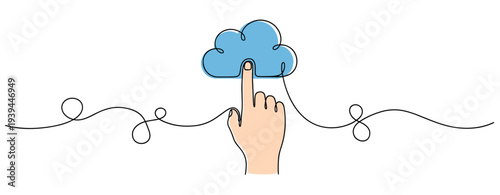 Hand index finger touching cloud icon representing cloud service. no editable stroke