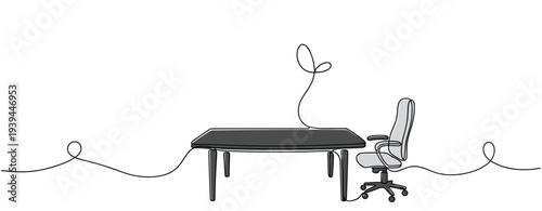 Office desk with swivel chair on continuous line background. no editable stroke