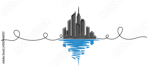 City skyline reflected over swirling water on white background. no editable stroke