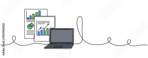 Laptop with financial charts and reports on white line background. no editable stroke