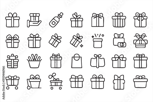 Gift And Present Outline Icons Featuring Wrapped Boxes Shopping Bags And Celebration Symbols