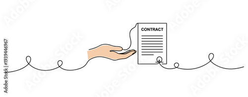 Hand presenting contract document on white background. no editable stroke