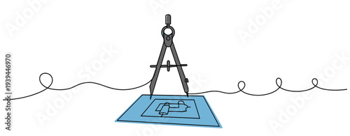 Drafting compass positioned over blueprint on white background. no editable stroke