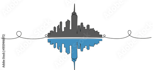City skyline mirrored as reflection along continuous line. no editable stroke