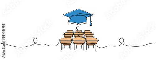 Graduation cap hovering above classroom desks in line illustration. no editable stroke