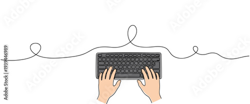 Hands typing on keyboard in minimal white workspace setting. no editable stroke