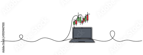 Laptop displaying rising candlestick chart on white background. no editable stroke