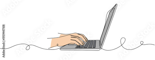 Hand typing on laptop using continuous line illustration. no editable stroke