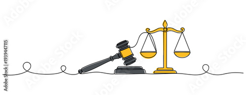 Gavel striking beside scales of justice on white background. no editable stroke