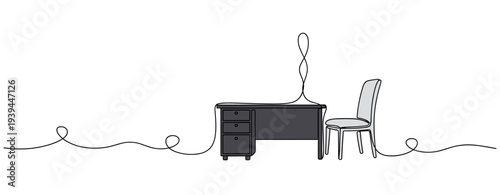 Office desk and chair connected by continuous line on white background. no editable stroke