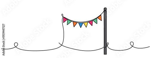 Flag bunting hanging from pole in continuous line illustration. no editable stroke