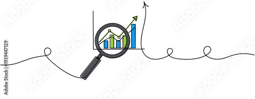 Magnifying glass examining rising bar chart on white background. no editable stroke