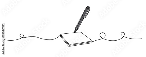 Pen poised above notebook on clean white surface. no editable stroke