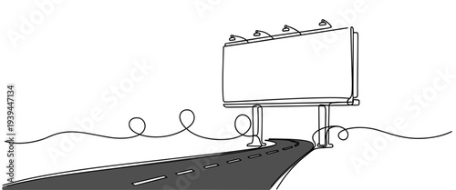 Billboard standing beside curved road in open landscape. no editable stroke