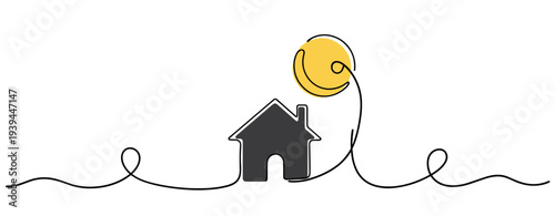House tethered to floating balloon over minimalist line background. no editable stroke