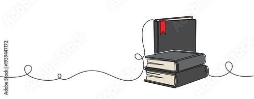 Stack of books with bookmark on continuous line background. no editable stroke