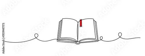 Open book with red bookmark resting on continuous line. no editable stroke