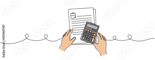 Hands using calculator with financial documents on white surface. no editable stroke