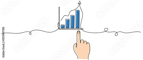 Hand pointing at rising bar chart on white background. no editable stroke