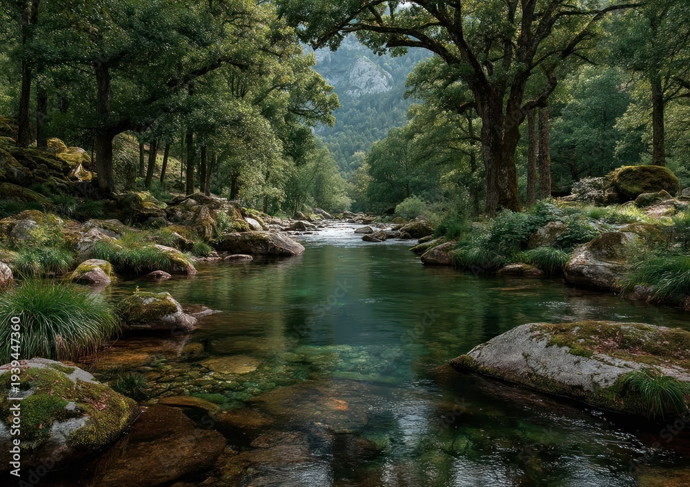 Obraz premium A quiet mountain stream flowing over mossy stones beneath a dense canopy of green leaves