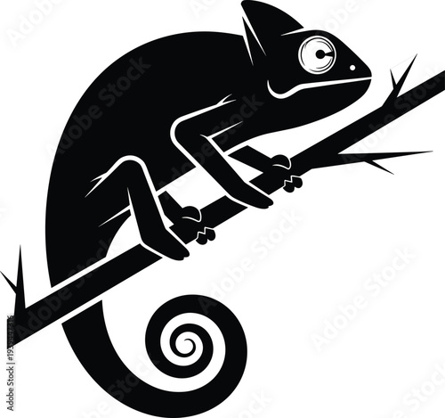 Stylized chameleon silhouette perched on branch illustration, reptile wildlife artwork, exotic animal design concept, nature taxonomy study, artistic minimalist decoration