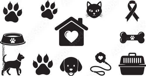 Black and white pet icons and symbols collection