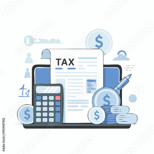 Tax documents and financial elements on laptop keyboard.