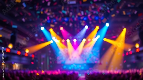 singer. An empty concert venue filled with vibrant stage lights and falling confetti, creating an abstract bokeh effect. event programs.